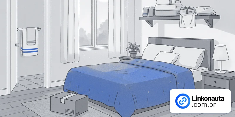 Ilustração em tons de cinza com detalhes em azul de um quarto: cama arrumada com colcha azul, prateleira com toalhas e roupa de cama dobradas, caixa de entrega sobre o tapete e banheiro com toalha de listras azuis; logo da Linkonauta no canto