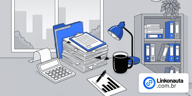 Ilustração em tons de cinza com detalhes em azul de um escritório de contabilidade: mesa com calculadora, pilha de documentos, pasta e prancheta azuis, caneca, luminária azul e um papel com gráfico de barras subindo, com janela e estante de arquivos ao fundo; logo da Linkonauta no canto