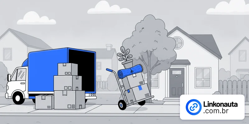 Ilustração em tons de cinza com detalhes em azul de uma rua em dia de mudança: caminhão de baú azul aberto, caixas de papelão empilhadas e um carrinho de carga com tapete azul enrolado e vaso de planta, em frente a uma casa; logo da Linkonauta no canto