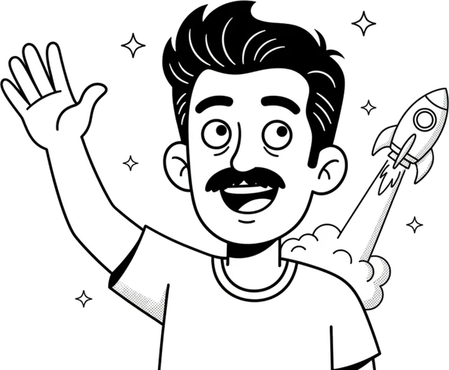 Personagem acenando, com um foguete decolando ao fundo