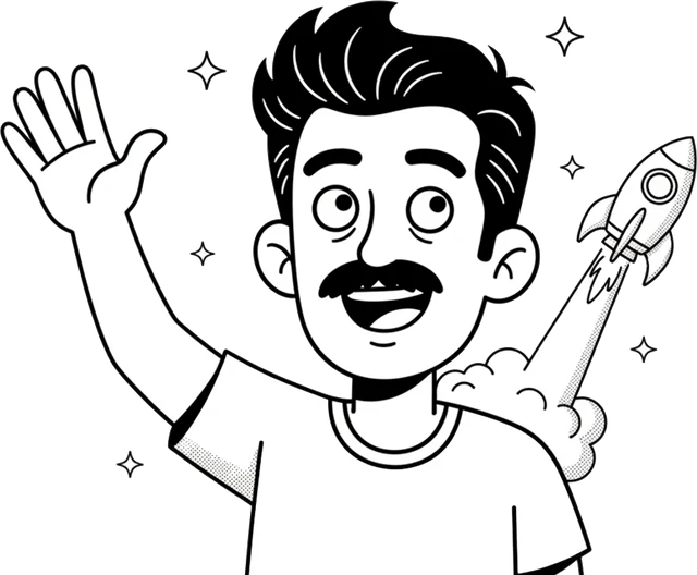 Personagem da Linkonauta acenando, com um foguete decolando ao fundo