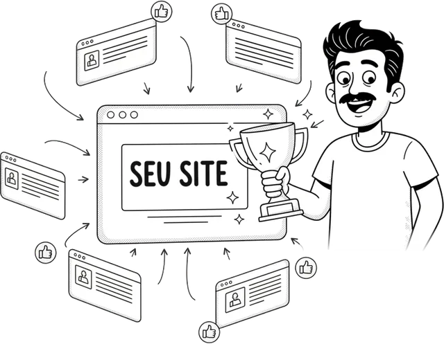 Linkonauta segurando um troféu ao lado do seu site, com vários sites menores apontando para ele