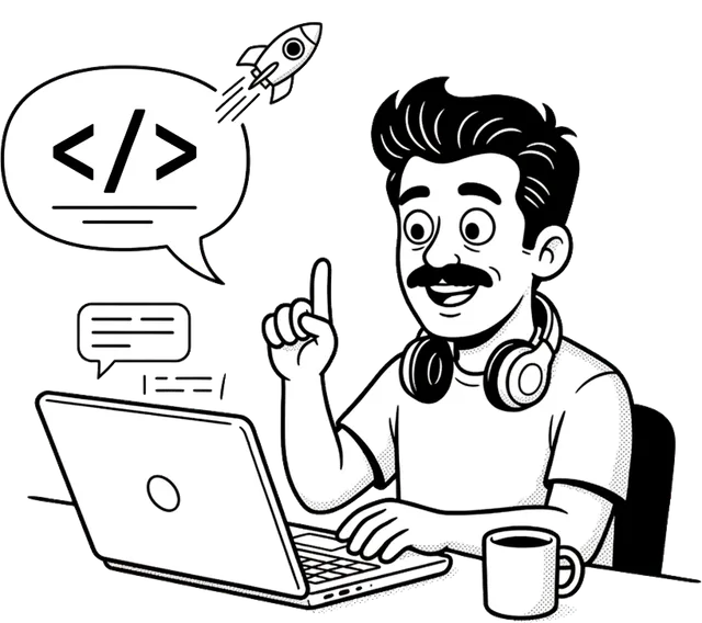 Personagem no notebook com uma ideia, com rascunhos de telas virando código