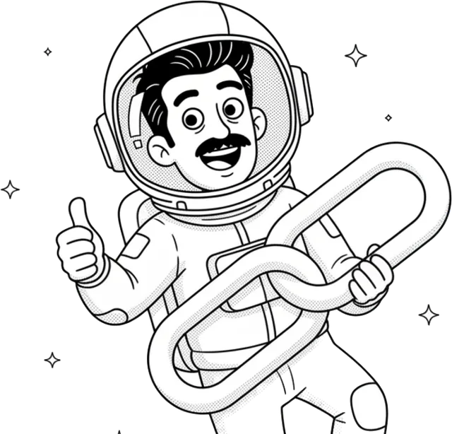 Linkonauta de capacete flutuando com um elo de corrente e fazendo sinal de positivo