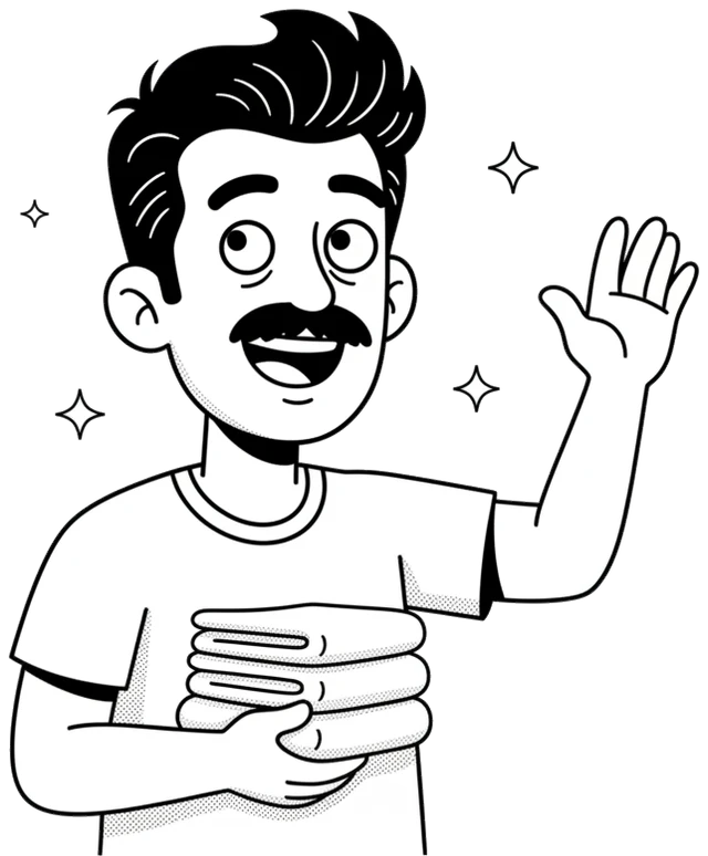Personagem da Linkonauta acenando e segurando uma pilha de toalhas dobradas