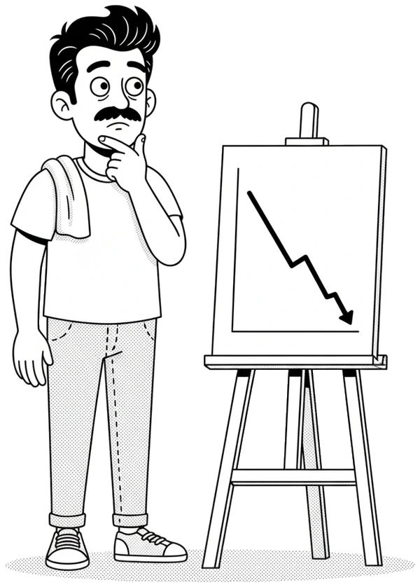 Personagem da Linkonauta pensativo, com uma toalha no ombro, ao lado de um quadro com um gráfico descendo