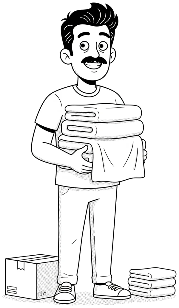 Personagem da Linkonauta segurando uma pilha de toalhas dobradas, com uma caixa de entrega e panos de prato ao lado
