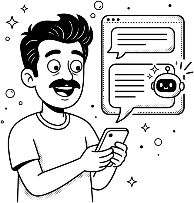 Personagem surpreso vendo a resposta de um assistente de IA no celular