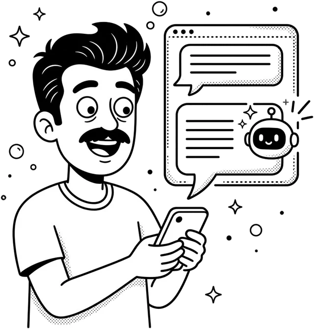 Personagem da Linkonauta olhando o celular, com balões de resposta de uma IA