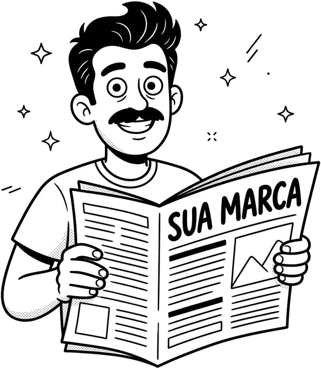 Personagem segurando um jornal com a manchete Sua Marca