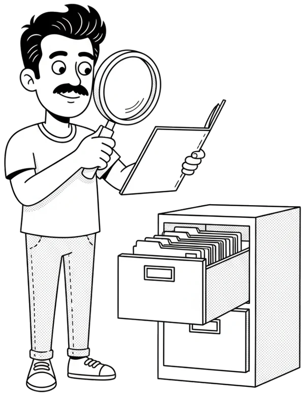 Personagem da Linkonauta examinando uma pasta com uma lupa, ao lado de um arquivo de gavetas cheio de pastas