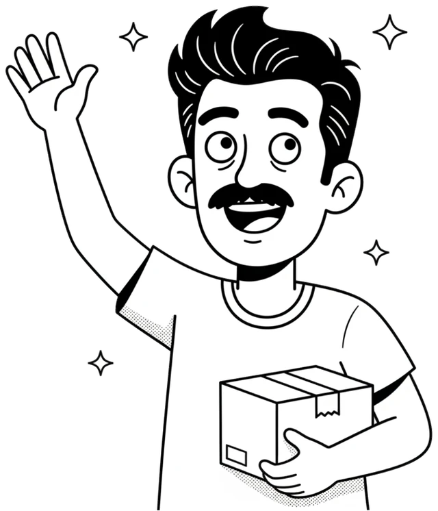 Personagem da Linkonauta acenando e segurando uma caixa de mudança