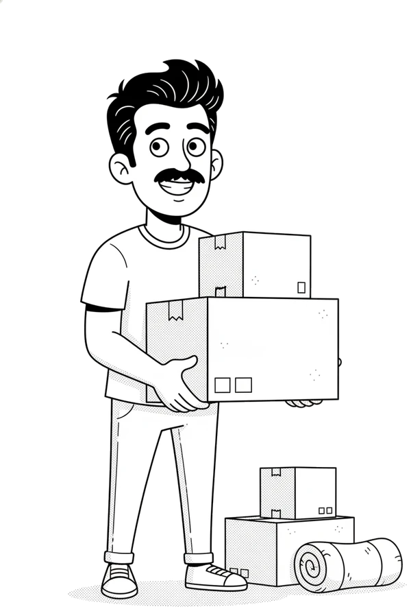 Personagem da Linkonauta carregando caixas de mudança, com mais caixas e um cobertor de mudança ao lado