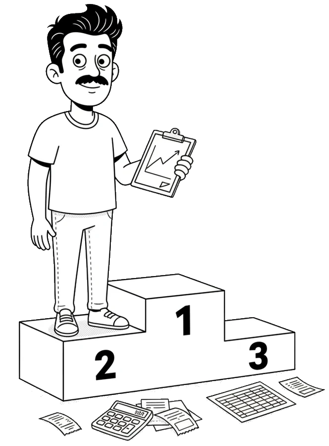 Personagem da Linkonauta no pódio com uma prancheta de gráfico subindo, ao lado de calculadora e papéis de contabilidade
