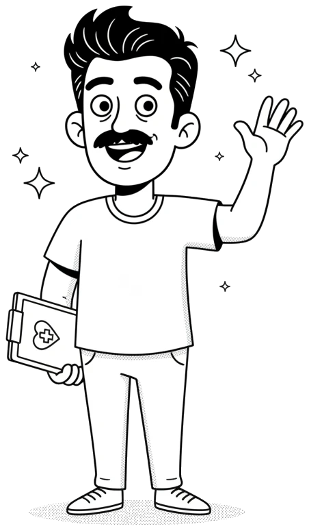 Personagem da Linkonauta acenando, com uma prancheta de plano de saúde embaixo do braço