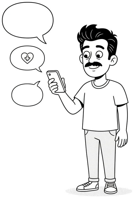 Personagem da Linkonauta olhando o celular, com balões de resposta de uma IA