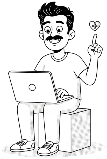 Personagem da Linkonauta sentado num caixote, mexendo no notebook e apontando para cima