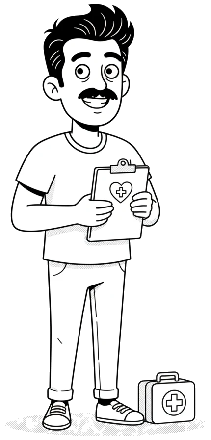 Personagem da Linkonauta sorrindo com uma prancheta de plano de saúde, ao lado de uma maleta de primeiros socorros