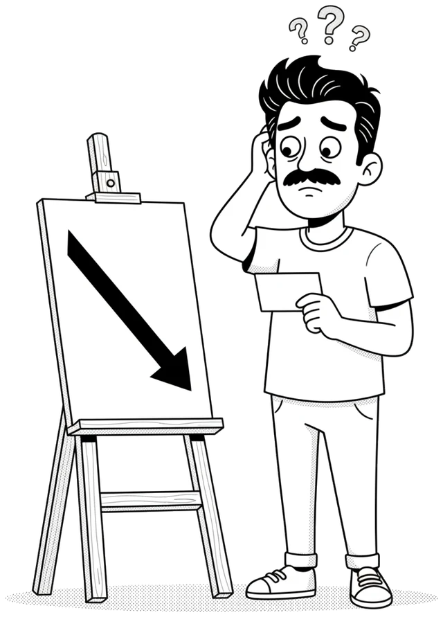 Personagem da Linkonauta coçando a cabeça diante de um quadro com uma seta para baixo