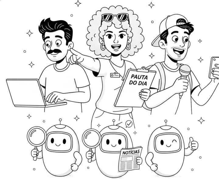 Equipe da Redação Linkonauta: o redator no notebook, a editora-chefe com a pauta do dia, o repórter com microfone e três robôs agentes conferindo as notícias