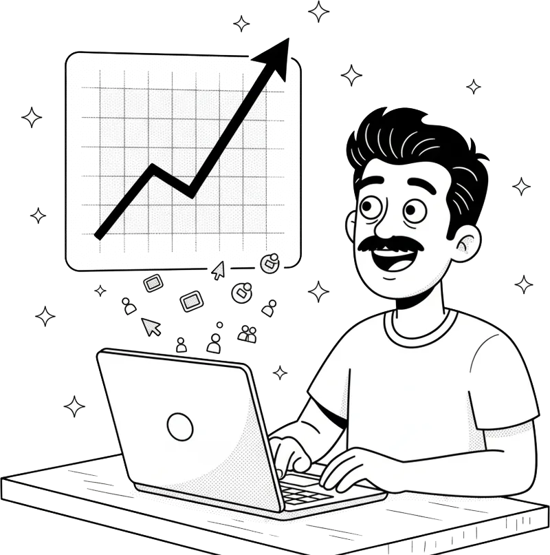 Linkonauta no notebook, sorrindo para um gráfico de visitas que sobe